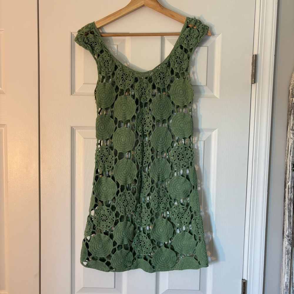 Vintage Gianni Bini Kelly Green Crochet Dress Swim Coverup Summer Boho L Concert - Picture 5 of 5